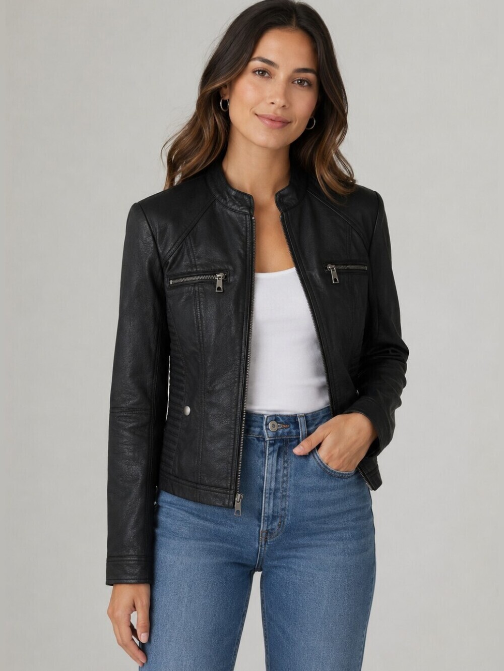 Fahsyee Faux Leather Moto Jacket Womens Medium Black Biker Zip Cropped